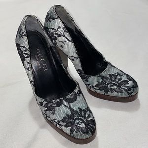 GUCCI Luxury Designer Lace Fabric Platform Heels